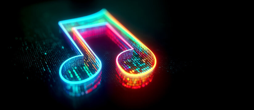 Futuristic Glowing Neon Music Note Sign with Digital Binary Code Data on Black Background