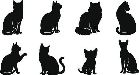 Collection of cat silhouettes featuring sitting longhair and shorthair felines and a small kitten isolated on white background © MstRehna