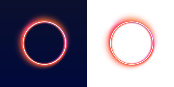 Luminous neon circle frame features bright violet outer glow. Smooth gradients add stylish visual contrast. Perfect for creative web elements.