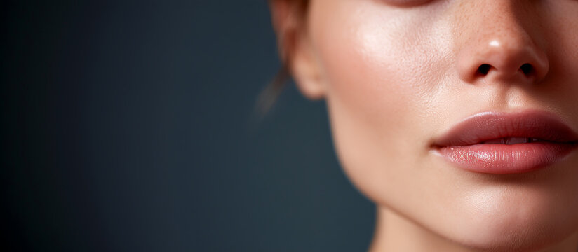 Macro Close Up of Woman Lip and Radiant Healthy Skin Complexion with Copy Space on Dark Background