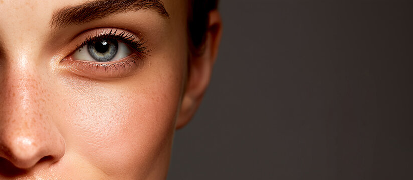 Macro Close Up of Woman Beautiful Blue Eye and Radiant Healthy Freckled Skin with Copy Space on Dark Background