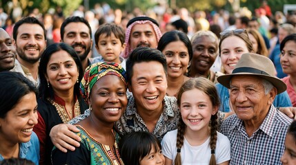 Obraz premium Diverse group of people representing global population. Multicultural men, women and kid together in unity, peace and harmony. Social gathering for World Population Day celebration.