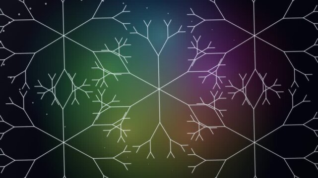 Animated white snowflakes growing on colorful dark gradient background