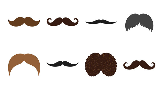 A diverse collection of facial hair Vector Set featuring various mustaches and beards in different styles and colors.