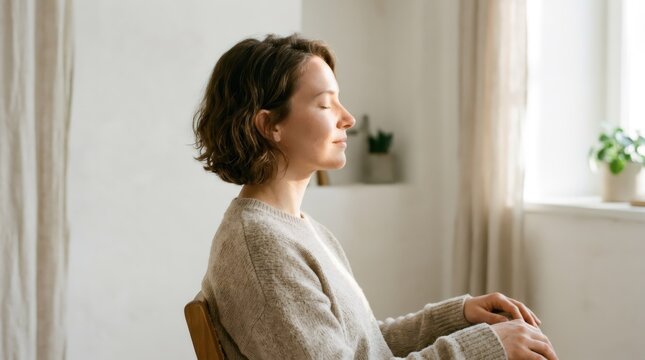 Woman sitting in chair with eyes closed and relaxing in sunny room. Mental health and mindfulness concept. Calm lifestyle, meditation, tranquility, inner peace and wellness at home.