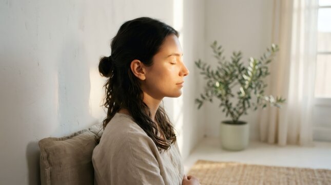 Woman meditating at home. Calm girl sitting with closed eye and practicing mindfulness. Relaxed lady resting in morning light. Wellness, mental health and peaceful lifestyle concept.