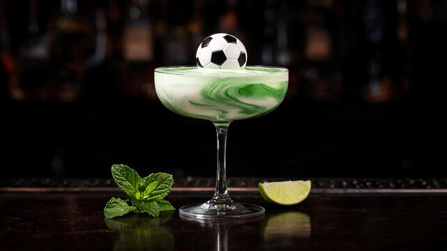 Green cocktail mini soccer ball garnish floating dark bar 
spotlight creative 