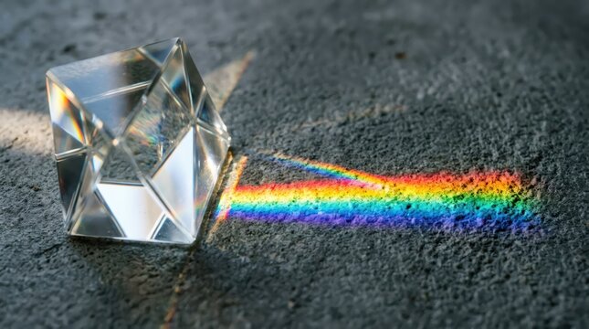 Crystal prism casting a rainbow spectrum on a dark textured surface. Scientific light refraction experiment demonstrating optical physics and the splitting of white light into colors.