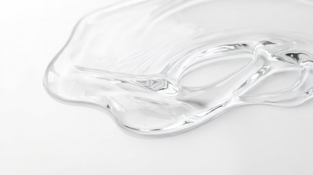 Clear cosmetic gel texture on white background. Transparent liquid serum smear or lotion droplet. Skin care product consistency for beauty advertisement and dermatology macro concept.
