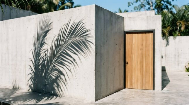Modern concrete wall with wooden door and palm leaf shadow. Minimalist exterior architecture design. Tropical villa facade with sunlight and natural texture for real estate concept.