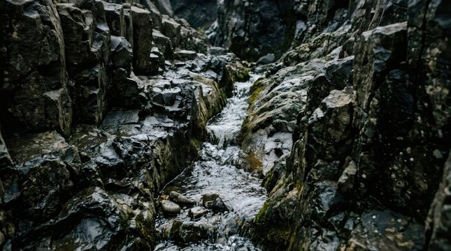 Small creek flowing through dark jagged rock formation. Water stream running between mossy canyon stones. Nature wilderness landscape with clear liquid movement and stone texture.