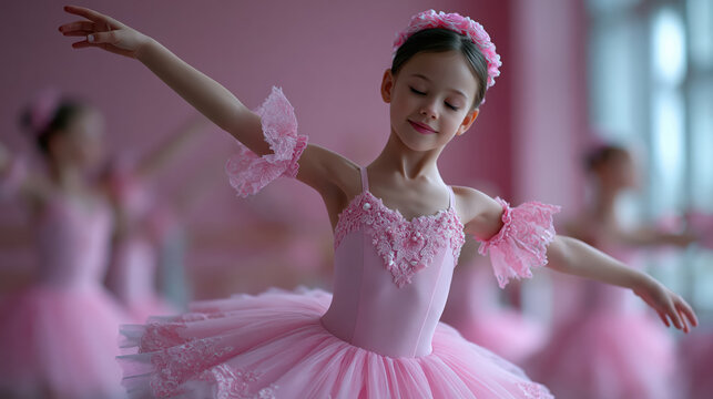 Young girl ballet dancer in pink tutu dress performing graceful dance pose with closed eyes in soft light studio