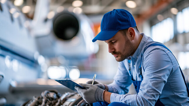 Faceless aircraft mechanic working on plane engine in hangar, aviation maintenance concept, private aircraft repair photography, defocused hangar background, with copy space