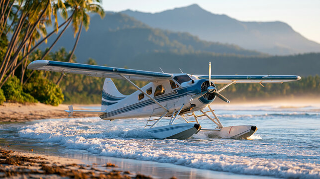 Small seaplane on tropical beach with mountain and palm tree backdrop at golden hour, island aviation concept, exotic travel photography, defocused coastal background, with copy