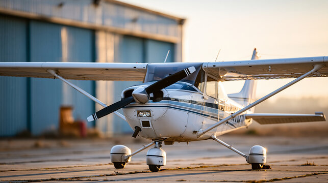 Small airplane parked near hangar on quiet airfield, general aviation concept, private aircraft photography, defocused airstrip background, with copy space