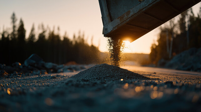 A construction vehicle unloads a dark pile of gravel onto the ground against a bright golden sunset.
