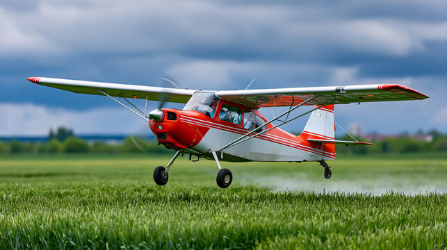 Small red and white plane flying low over green crop field under cloudy sky, agricultural aviation concept, low altitude flying photography, defocused farmland background, with