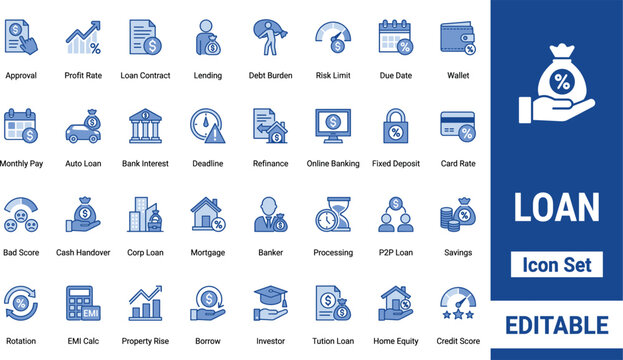 Loan and Banking Finance Vector Icon Set with Lending Mortgage Credit Management and Financial Services