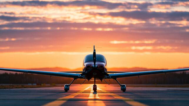 Rear view of small parked plane on dramatic sunset background, private aviation concept, silhouette aircraft photography, defocused orange sky background, with copy space