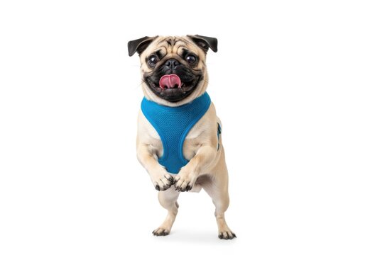 Cute pug dog with tongue out wearing blue harness isolated on white background