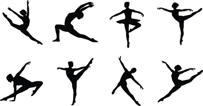 Set of elegant ballet dancer silhouettes performing various graceful dance poses and artistic gymnastics movements