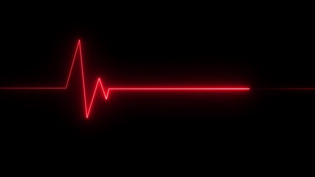 Glowing neon line heartbeat monitor ECG gradient on black background. Red neon electrocardiogram.