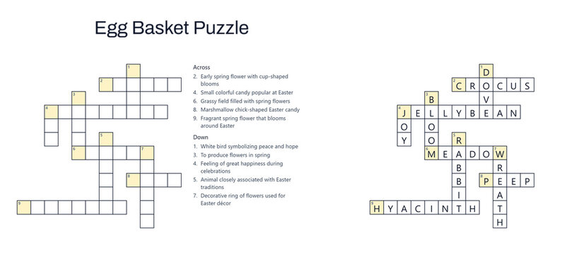 Easter egg basket crossword puzzle printable educational worksheet
