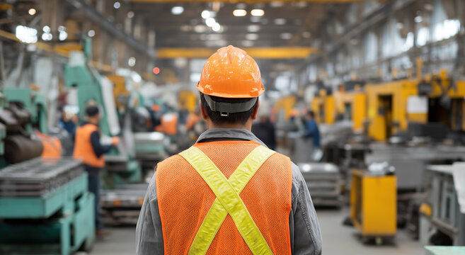 A factory worker wearing an orange hardhat and safety vest stands facing rows of industrial manufacturing machinery.

