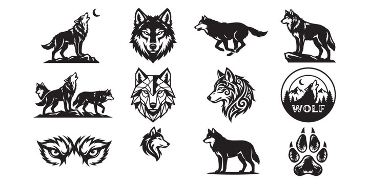 Wolf pack graphic collection featuring howling wolves wolf heads tracks in various artistic and tribal illustration styles wildlife silhouette