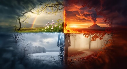 Naklejka premium Four seasons collage showing the transition from spring to winter. A human figure stands in the center, symbolizing humanity's place within the changing natural world