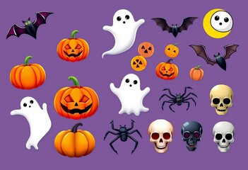 Obraz premium Spooky Halloween icons, including pumpkins, ghosts, bats, spiders, and skulls, in various styles and colors, vector, clipart