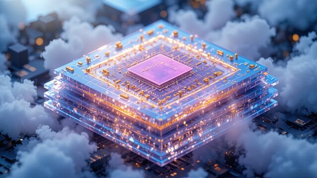 Intricate layers of a central processing unit are surrounded by soft, ethereal clouds.
