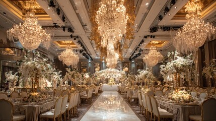 Fototapeta premium ballroom wedding, crystal chandelier, gold and white theme