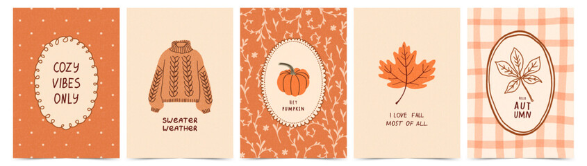 Cozy Fall vintage poster or greeting card set with hand drawn pumpkin, knitted sweater, maple and chestnut leaves, decorative oval frames, typography lettering, floral and plaid backgrounds. Vector © Svitla