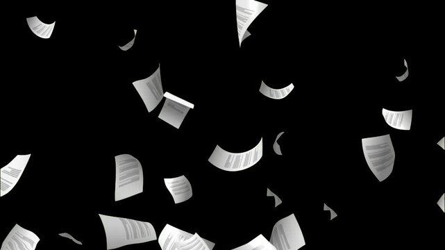 paper documents falling from above overlay, black background. flying sheets of white paper. Blank paper sheets falling down with luma matte, paper sheets flying and explosion effect.