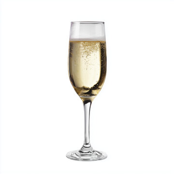 Elegantes Sektglas mit prickelndem Schaumwein auf wei&szlig;em Hintergrund. Hochwertiges Food- und Getr&auml;nkemotiv zu Feier, Hochzeit, Silvester, Luxus, Genuss und Gastronomie.