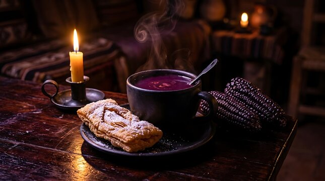 Api con pastel on wooden table by candlelight