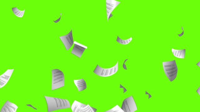 paper documents falling from above overlay, green background. flying sheets of white paper. Blank paper sheets falling down with luma matte, paper sheets flying and explosion effect.