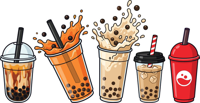 Boba Milk Tea Dynamic Liquid Splash and Tapioca Pearls Vector Clipart Set