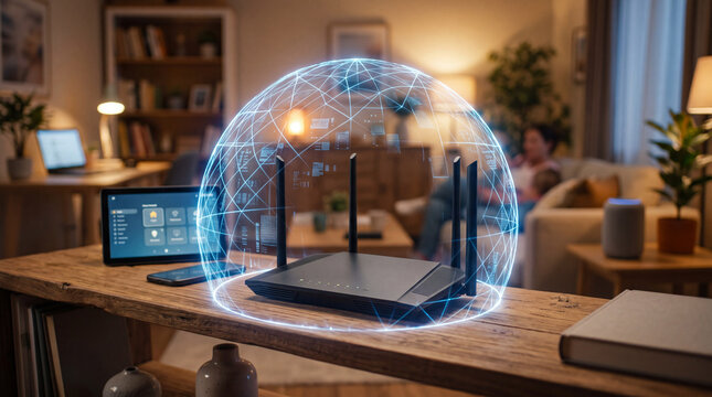 Modern wireless router with a glowing digital network protection shield rests on a wooden desk inside a cozy residential living room to provide secure high speed internet for family devices.