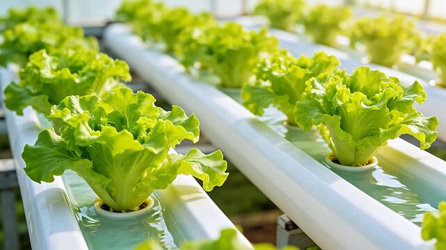 Hydroponic lettuce growing in water channels