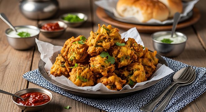 Delicious Pakistani pakoras on a wooden table