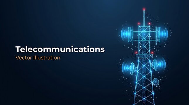 Digital telecommunications tower with glowing blue signals