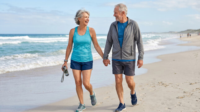 Senior woman and senior man walking hand in hand along beach. Happy mature couple in sportswear exercising outdoors. Active lifestyle for aging generation, wellness and fitness concept.