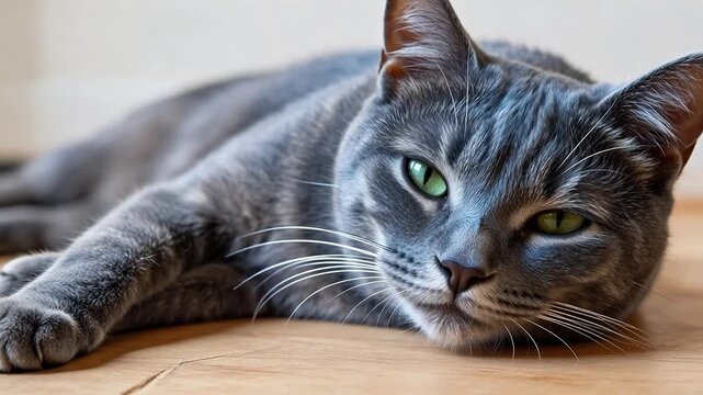 Gray cat with green eyes resting