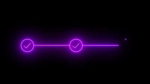 Purple Neon 3 step infographic process with check mark icon. Infographic step by step process icon animation on black background, step process success with check marks. Step-by-Step Guide.4k 