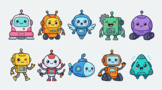 Collection of cute cartoon robots and machines