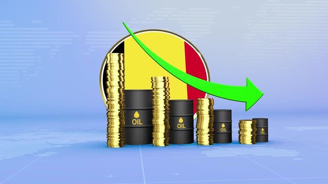 Belgium Oil Prices Decline with Oil Barrels, Gold Coins and Downward Green Arrow, 3D Economic and Financial Market Concept