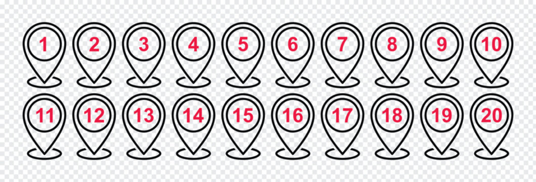 Location marker icons with numbers black line art on transparent background