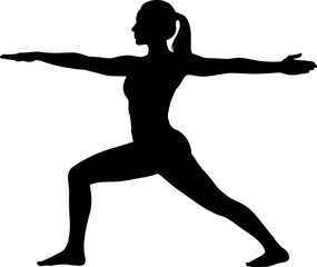 Fototapeta premium Black silhouette of a woman practicing yoga warrior pose on white background.